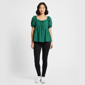 Luna Skies Green Textured Peasant Blouse with Puff Sleeves